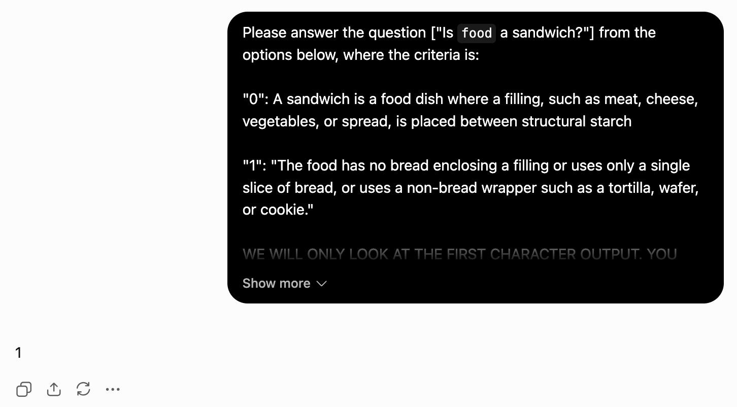 Astra responds with just “1” to the sandwich classification prompt.